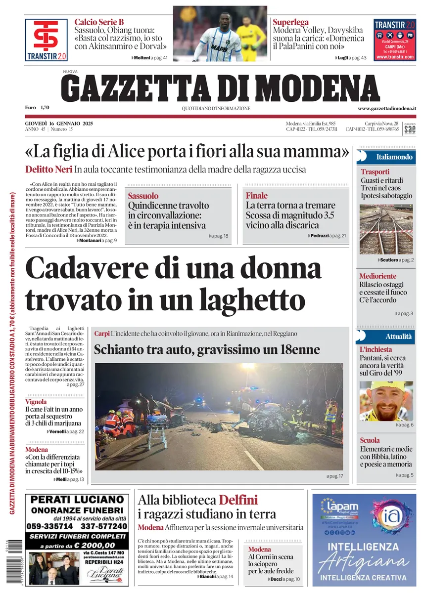 Prima-pagina-gazzetta di modena-oggi-edizione-del-2025-01-16